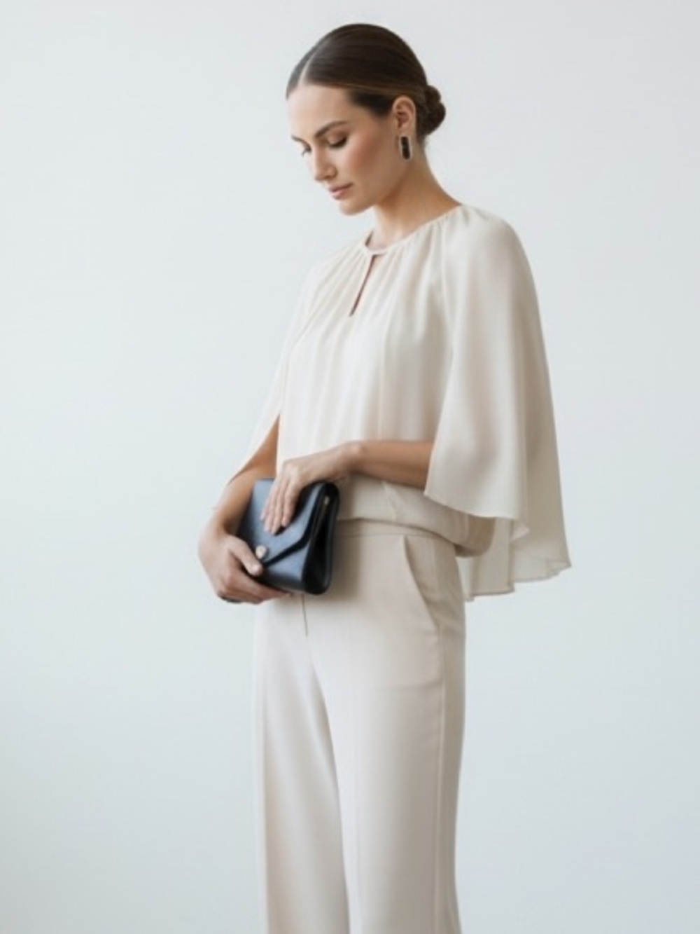 1495 • Cream Georgette Float Capelet Top w/Soft Lined Sleeveless Balloon Bodice